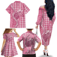 Pink Hawaii Palaka Cowboy Turtle Family Matching Off The Shoulder Long Sleeve Dress and Hawaiian Shirt Hawaiian Paniolo Puakenikeni Maile Lei - Polynesian Pride