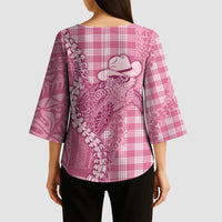 Pink Hawaii Palaka Cowboy Turtle Kimono Sleeve Blouse Hawaiian Paniolo Puakenikeni Maile Lei - Polynesian Pride