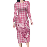 Pink Hawaii Palaka Cowboy Turtle Long Sleeve Bodycon Dress Hawaiian Paniolo Puakenikeni Maile Lei - Polynesian Pride