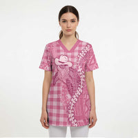 Pink Hawaii Palaka Cowboy Turtle Scrub Top Hawaiian Paniolo Puakenikeni Maile Lei - Polynesian Pride
