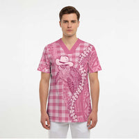Pink Hawaii Palaka Cowboy Turtle Scrub Top Hawaiian Paniolo Puakenikeni Maile Lei - Polynesian Pride