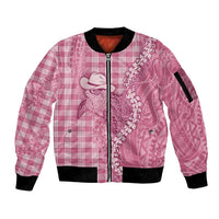 Pink Hawaii Palaka Cowboy Turtle Sleeve Zip Bomber Jacket Hawaiian Paniolo Puakenikeni Maile Lei - Polynesian Pride