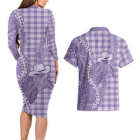Purple Hawaii Palaka Cowboy Turtle Couples Matching Long Sleeve Bodycon Dress and Hawaiian Shirt Hawaiian Paniolo Puakenikeni Maile Lei - Polynesian Pride