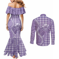 Purple Hawaii Palaka Cowboy Turtle Couples Matching Mermaid Dress and Long Sleeve Button Shirt Hawaiian Paniolo Puakenikeni Maile Lei - Polynesian Pride