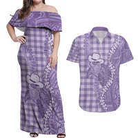 Purple Hawaii Palaka Cowboy Turtle Couples Matching Off Shoulder Maxi Dress and Hawaiian Shirt Hawaiian Paniolo Puakenikeni Maile Lei - Polynesian Pride