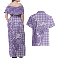 Purple Hawaii Palaka Cowboy Turtle Couples Matching Off Shoulder Maxi Dress and Hawaiian Shirt Hawaiian Paniolo Puakenikeni Maile Lei - Polynesian Pride