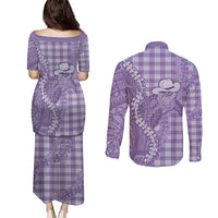 Purple Hawaii Palaka Cowboy Turtle Couples Matching Puletasi and Long Sleeve Button Shirt Hawaiian Paniolo Puakenikeni Maile Lei - Polynesian Pride