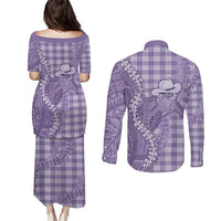 Purple Hawaii Palaka Cowboy Turtle Couples Matching Puletasi and Long Sleeve Button Shirt Hawaiian Paniolo Puakenikeni Maile Lei - Polynesian Pride