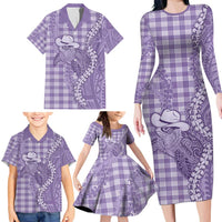 Purple Hawaii Palaka Cowboy Turtle Family Matching Long Sleeve Bodycon Dress and Hawaiian Shirt Hawaiian Paniolo Puakenikeni Maile Lei - Polynesian Pride