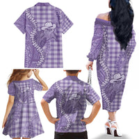 Purple Hawaii Palaka Cowboy Turtle Family Matching Off The Shoulder Long Sleeve Dress and Hawaiian Shirt Hawaiian Paniolo Puakenikeni Maile Lei - Polynesian Pride