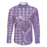 Purple Hawaii Palaka Cowboy Turtle Family Matching Off The Shoulder Long Sleeve Dress and Hawaiian Shirt Hawaiian Paniolo Puakenikeni Maile Lei - Polynesian Pride