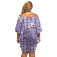 Purple Hawaii Palaka Cowboy Turtle Family Matching Off Shoulder Short Dress and Hawaiian Shirt Hawaiian Paniolo Puakenikeni Maile Lei - Polynesian Pride