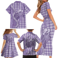 Purple Hawaii Palaka Cowboy Turtle Family Matching Short Sleeve Bodycon Dress and Hawaiian Shirt Hawaiian Paniolo Puakenikeni Maile Lei - Polynesian Pride