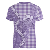 Purple Hawaii Palaka Cowboy Turtle Women V-Neck T-Shirt Hawaiian Paniolo Puakenikeni Maile Lei - Polynesian Pride