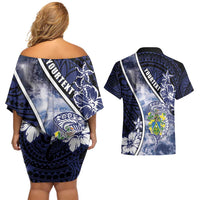 Personalised Pitcairn Islands Couples Matching Off Shoulder Short Dress and Hawaiian Shirt Coat Of Arms Waves Style