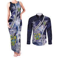 Personalised Pitcairn Islands Couples Matching Tank Maxi Dress and Long Sleeve Button Shirt Coat Of Arms Waves Style