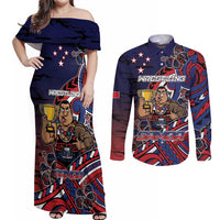 Personalised Samoa Wrestling Couples Matching Off Shoulder Maxi Dress and Long Sleeve Button Shirt Polynesian Warrior Funny Style DT05 Navy - Polynesian Pride