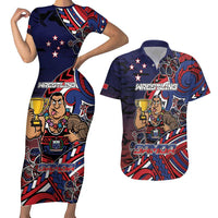 Personalised Samoa Wrestling Couples Matching Short Sleeve Bodycon Dress and Hawaiian Shirt Polynesian Warrior Funny Style DT05 Navy - Polynesian Pride