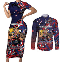 Personalised Samoa Wrestling Couples Matching Short Sleeve Bodycon Dress and Long Sleeve Button Shirt Polynesian Warrior Funny Style DT05 Navy - Polynesian Pride