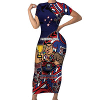 Personalised Samoa Wrestling Short Sleeve Bodycon Dress Polynesian Warrior Funny Style DT05 Long Dress Navy - Polynesian Pride