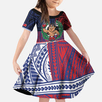Personalised Samoa Boxing Family Matching Puletasi and Hawaiian Shirt Samoan Boxer Funny Style DT05 Daughter's Dress Red - Polynesian Pride