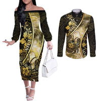 Personalised Niue Couples Matching Off The Shoulder Long Sleeve Dress and Long Sleeve Button Shirt Niuean Crab Waves Style