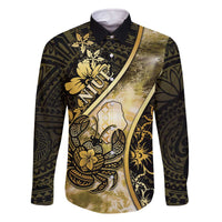 Personalised Niue Family Matching Off The Shoulder Long Sleeve Dress and Hawaiian Shirt Niuean Crab Waves Style