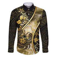 Personalised Niue Family Matching Puletasi and Hawaiian Shirt Niuean Crab Waves Style DT05 Dad's Shirt - Long Sleeve Gold - Polynesian Pride