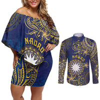 Personalised Nauru Couples Matching Off Shoulder Short Dress and Long Sleeve Button Shirt Hibiscus Polynesian Tribal Pattern