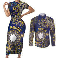 Personalised Nauru Couples Matching Short Sleeve Bodycon Dress and Long Sleeve Button Shirt Hibiscus Polynesian Tribal Pattern