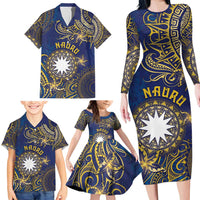 Personalised Nauru Family Matching Long Sleeve Bodycon Dress and Hawaiian Shirt Hibiscus Polynesian Tribal Pattern