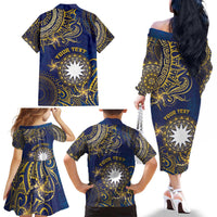 Personalised Nauru Family Matching Off The Shoulder Long Sleeve Dress and Hawaiian Shirt Hibiscus Polynesian Tribal Pattern