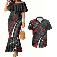 Aotearoa New Zealand Native Birds Map Couples Matching Mermaid Dress and Hawaiian Shirt Silver Fern Tribal Pattern DT05 Red - Polynesian Pride