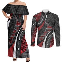 Aotearoa New Zealand Native Birds Map Couples Matching Off Shoulder Maxi Dress and Long Sleeve Button Shirt Silver Fern Tribal Pattern DT05 Red - Polynesian Pride