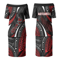 Aotearoa New Zealand Native Birds Map Family Matching Puletasi and Hawaiian Shirt Silver Fern Tribal Pattern DT05 Mom's Dress Red - Polynesian Pride