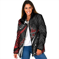 Aotearoa New Zealand Native Birds Map Padded Jacket Silver Fern Tribal Pattern DT05 Women Red - Polynesian Pride