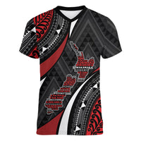Aotearoa New Zealand Native Birds Map Women V-Neck T-Shirt Silver Fern Tribal Pattern DT05 Female Red - Polynesian Pride
