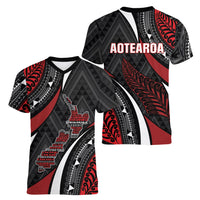 Aotearoa New Zealand Native Birds Map Women V-Neck T-Shirt Silver Fern Tribal Pattern DT05 - Polynesian Pride