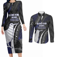 Personalised New Zealand Kiwi Couples Matching Long Sleeve Bodycon Dress and Long Sleeve Button Shirt Silver Fern Tribal Pattern DT05 Navy - Polynesian Pride