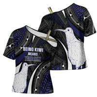 Personalised New Zealand Kiwi Cross Shoulder Shirt Silver Fern Tribal Pattern DT05 - Polynesian Pride