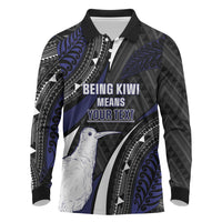 Personalised New Zealand Kiwi Long Sleeve Polo Shirt Silver Fern Tribal Pattern DT05 Navy - Polynesian Pride