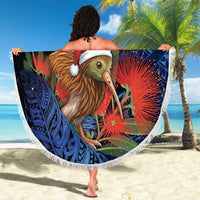New Zealand Christmas Beach Blanket Santa Kiwi Bird With Pohutukawa Flowers - Polynesian Pride