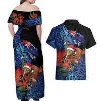 Personalised New Zealand Christmas Couples Matching Off Shoulder Maxi Dress and Hawaiian Shirt Santa Kiwi Bird With Pohutukawa Flowers - Polynesian Pride