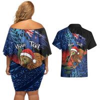Personalised New Zealand Christmas Couples Matching Off Shoulder Short Dress and Hawaiian Shirt Santa Kiwi Bird With Pohutukawa Flowers - Polynesian Pride