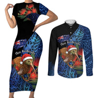 Personalised New Zealand Christmas Couples Matching Short Sleeve Bodycon Dress and Long Sleeve Button Shirt Santa Kiwi Bird With Pohutukawa Flowers - Polynesian Pride