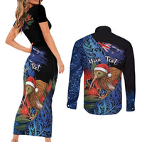 Personalised New Zealand Christmas Couples Matching Short Sleeve Bodycon Dress and Long Sleeve Button Shirt Santa Kiwi Bird With Pohutukawa Flowers - Polynesian Pride
