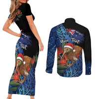 Personalised New Zealand Christmas Couples Matching Short Sleeve Bodycon Dress and Long Sleeve Button Shirt Santa Kiwi Bird With Pohutukawa Flowers - Polynesian Pride