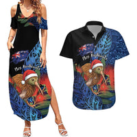 Personalised New Zealand Christmas Couples Matching Summer Maxi Dress and Hawaiian Shirt Santa Kiwi Bird With Pohutukawa Flowers - Polynesian Pride