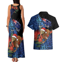 Personalised New Zealand Christmas Couples Matching Tank Maxi Dress and Hawaiian Shirt Santa Kiwi Bird With Pohutukawa Flowers - Polynesian Pride
