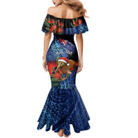Personalised New Zealand Christmas Family Matching Mermaid Dress and Hawaiian Shirt Santa Kiwi Bird With Pohutukawa Flowers - Polynesian Pride
